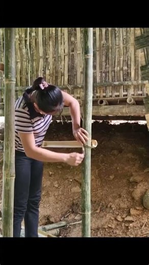 The Girl Builds A Bamboo Kitchen #building #shorts #dailylife