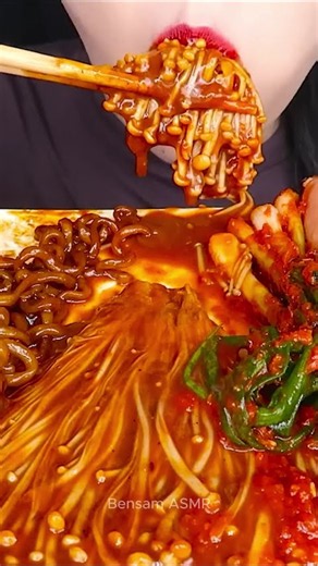 Insane Truffle Black Bean Noodles ASMR 🤤 Spicy Enoki Slurp Sounds! #shorts