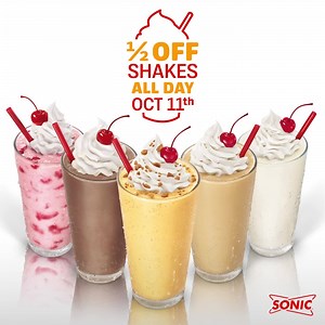 All Shakes are half-price TOMORROW only at SONIC! Celebrate autumn’s arrival with the new the Pumpkin Pie Master Shake! 🍂 Includes all shakes. Add-Ins cost extra. Excludes Combos, Wacky Pack® Kids Meals and any other offers. Limit 5. Offer valid only on October 11, 2017, while supplies last at participating SONIC® Drive-In locations. See menu for details. | Sonic Drive-In