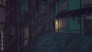 Walk along the narrow cobblestone paved medieval street illuminated with burning torches at night. Realistic three dimensional animation.