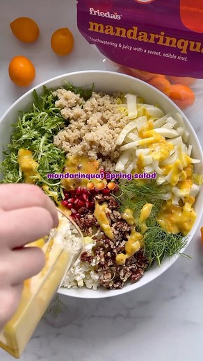 🧡 Mandarinquat Spring Salad 🧡⁠ ⁠ Celebrate the flavors of spring with this salad 😋 Made with a homemade dressing with juicy Frieda’s Mandarinquats paired with fresh frisée, creamy goat cheese crumbles, sweet pomegranate jewels, and crunchy glazed pecans for the perfect sweet and savory salad 🥗⁠ ⁠ Tap the link in our bio to grab the recipe ✨⁠ ⁠ #springsalad #springrecipes #mandarinquat #specialtyproduce #saladrecipe #saladrecipes #salads #homemadedressing #friedssproduce #healthyrecipes #sala