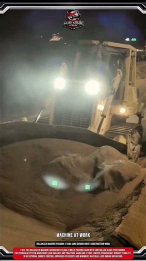Bulldozer Machine Pushing 3 Tons Sand During Night Construction Work