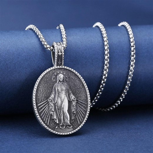 Handmade Virgin Mary Men's Necklace, Miraculous Virgin Mary Pendant, Retro Holy Mother Medallion, Religious Catholic Mens Gift Necklace - Etsy