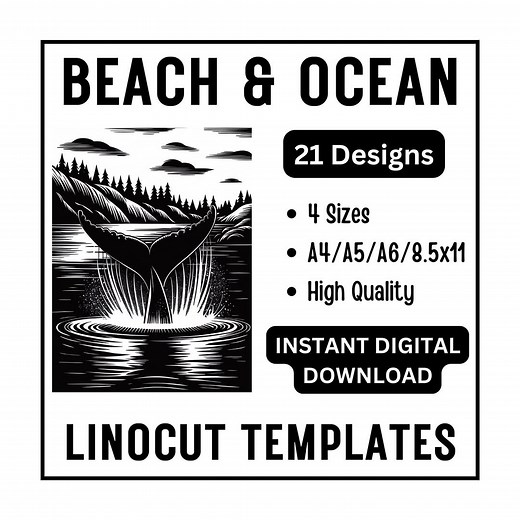 21 Ocean & Beach Linocut Templates | Seascape Coastal Designs | Seashells, Waves, Whale, Lighthouse | Digital Printmaking Art 4 Print Sizes - Etsy