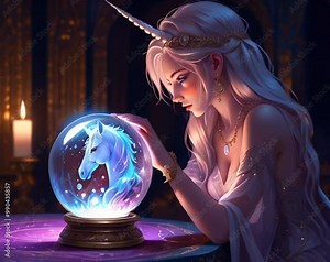 Fantasy unicorn girl fortune teller with crystal magic ball for fortune telling video, AI generated