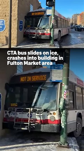NBC Chicago on Instagram: "A CTA bus slid on ice this morning and crashed into a building in Chicago's Fulton Market area. According to a spokesperson for the transit agency, the bus was traveling around 9 a.m. eastbound on Grand near Noble when it slid on ice, jumped a curve and crashed into a building. No injuries were reported in the crash, but damage was visible on the bus.⁠ ⁠ #cta #chicago #buscrash #transportation #fultonmarket"