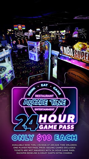Arcade Time USA on Instagram: "🥳 New Year, New All-You-Can-Game Deal at Arcade Time! 🎉 Orlando s Only 24-Hour Restaurant-Arcade & Bar. Introducing the 24-Hour Game Pass, available only at Arcade Time Orlando. 🕹️ Play 300+ arcade games any time of day or night. ☀️🌙 From the newest arcade releases to Orlando s finest pinball collection and nostalgic retro favorites, it s all here. 👾 And that s not the only reason to get to Arcade Time this January. Between games, visit our Full-Service Restau