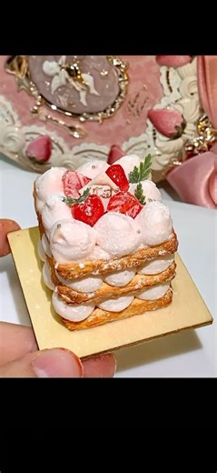 Mini strawberry 🍓 Napoleon cake • Clay • miniature • Mille-feuille