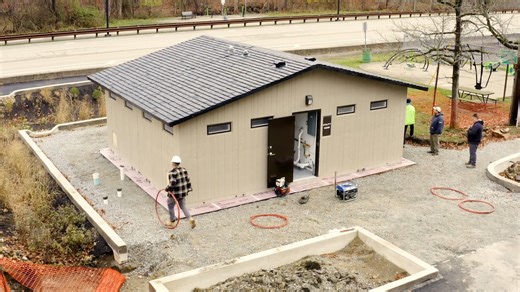 14K views · 131 reactions | Gotta go?炙 We will soon have you covered at the Black and Gold Playground in South Park on Corrigan Drive. We have installed a prefabricated, ADA-compliant restroom facility to service park visitors year-round at the playground and surrounding areas. We are continuously working to add new amenities to make visits to our parks more enjoyable and accessible. | Allegheny County Parks | Facebook