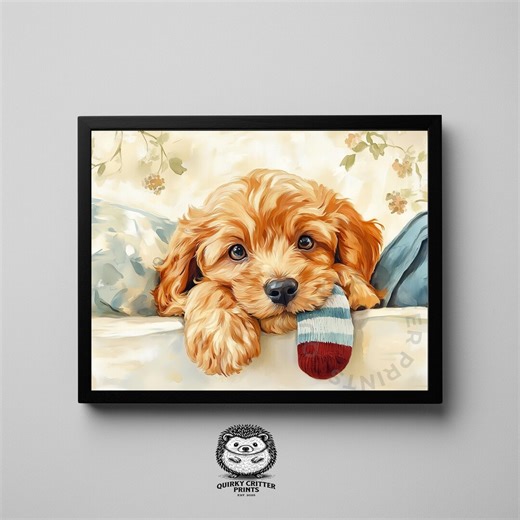 Printable Cavapoo Puppy Painting With Striped Sock - Playful Watercolor Digital Art, Cozy Pet Decor, Rustic Apricot Puppy Wall Art Download - Etsy