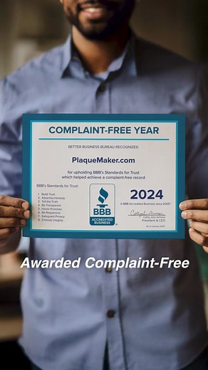 Looking for a plaque maker you can truly rely on? We’re thrilled to announce that for the THIRD year running, PlaqueMaker has earned a Complaint-Free Award from the Better Business Bureau (BBB)! Over these past three years, we’ve sold 1,148,063 plaques, shipped 193,824 orders, and welcomed 56,932 new customers—all with ZERO complaints. That’s proof of our unwavering commitment to quality, customer satisfaction, and timely delivery. Celebrate your milestones with the peace of mind that comes from
