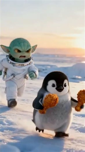 Baby Alien vs Penguins FIGHT for FRIED CHICKEN