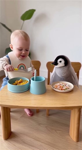 ✨A baby and a penguin becoming best friends😍
