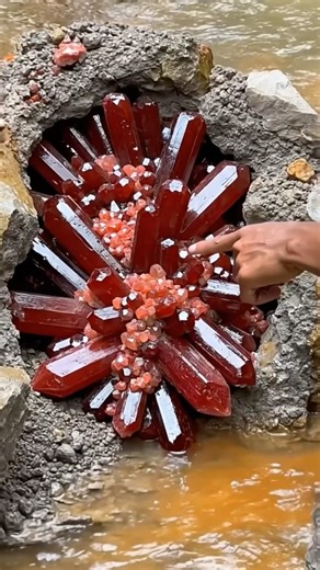 Discovery of a pile of red garnet crystals on a mining cliff #jade #crystals #gemstones #diamond