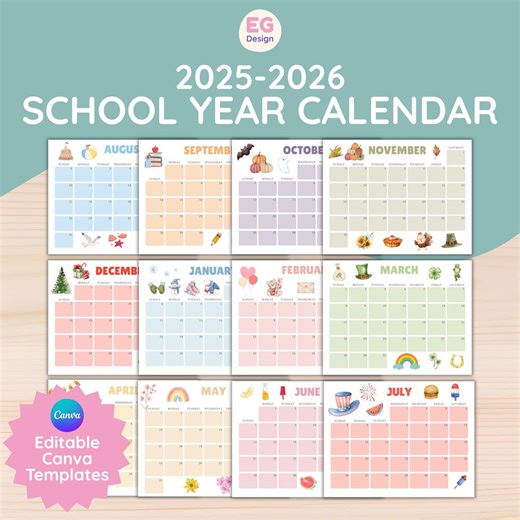 2025 2026 School Year Calendar, Academic Monthly Planner, Editable Calendar Template, Teacher Organization, Class Schedule Classroom Planner - Etsy