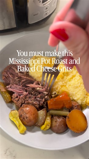 Valerie | Everyday Mom Finds + Simple Favorites on Instagram: "SAVE! Recipe in the caption!👇🏻 Mississippi Pot Roast and Baked Cheese Grits is a meal you will want again and again! My friend Sarah made this for me over 10 years ago and thankfully shared the recipe with. I’ve been making it ever since! ROAST 1 (2-3lb roast) 1 cup water 1/3 cup white vinegar 1 pack au jus gravy mix 1 pack of Italian dressing mix 1/2 jar of pepperoncini peppers + a little juice 1 stick of butter Carrots, potatoes,