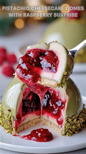 Pistachio cheesecake set smooth. Sprinkle vanilla, white chocolate, pistachios. Freeze until firm, glaze and chill for a creamy, nutty dome with a bright raspberry surprise. Ingredients ➤ Crushed graham or digestive crackers ➤ Melted unsalted butter ➤ Frozen raspberries ➤ Sugar ➤ Lemon juice ➤ Cornstarch water FULLL Recipe in First Cօʍʍеոτ 👇👇 | Nessy Recipes