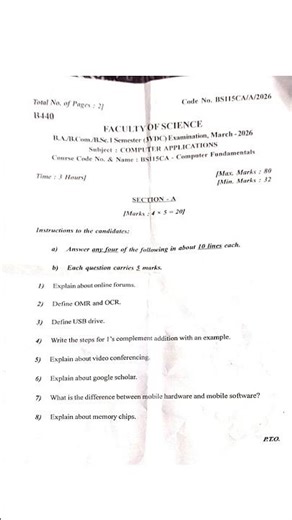 BRAOU Open Degree B.A./B.Com./B.Sc. Sem 1 March 2026 Computer Applications