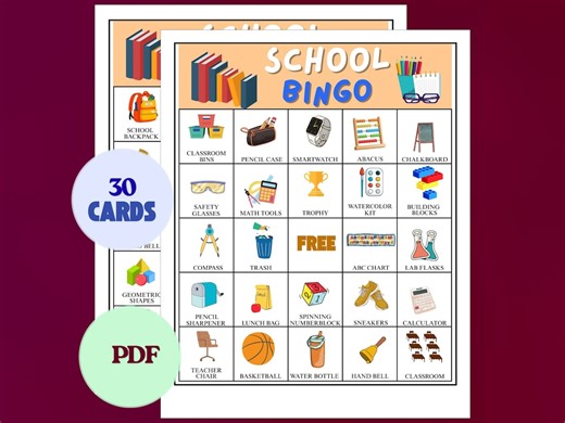 School Bingo Printable, 30 Unique Cards, Fun Activity Kids Educational Game PDF Instant Download - Etsy