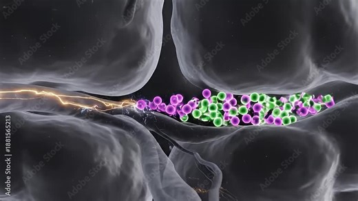 Neural Network Activity and Synaptic Transmission in the Human Brain, Illustrating Electrical Impulses and Neurotransmitter Release.