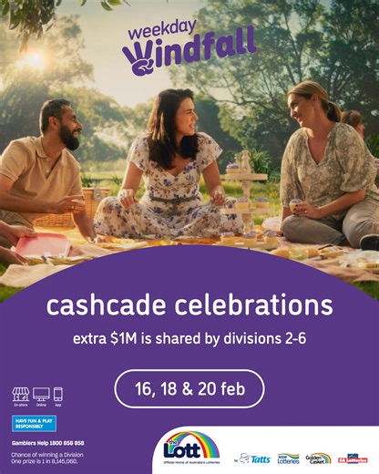 🎉 It’s Cashcade Celebrations week with Weekday Windfall! 🎉 There are three special draws happening this week: Monday 16, Wednesday 18 and Friday 20 February. During this promotional event, if there’s no Division 1 winner, a guaranteed $1 million will be shared across all winning Division 2 to 6 entries that night. That means selected winners in lower divisions will share in a boosted prize pool. Come in-store and grab your Weekday Windfall tickets for the week. This is a special Weekday Windfa