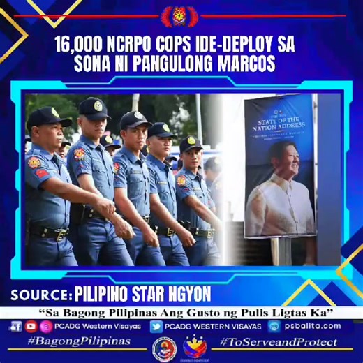 MANILA, Philippines — Labing-anim na libo (16,000) na pulis ang ide-deploy ng National Capital Region Police Office (NCRPO) para tiyakin ang seguridad at kapayapaan sa isasagawang State of the Nation Address (SONA ) ni Pangulong Ferdinand “Bongbong” Marcos Jr. sa Batasang Pambansa sa Quezon City sa Lunes (Hulyo 28). Ayon kay Major Hazel Asilo, Spokesperon ng NCRPO mula sa inisyal na 12,000 ay dinagdagan pa ang mga pulis na ginawa nang 16,000 para mangalaga sa makasaysayang okasyon. SOURCE https:
