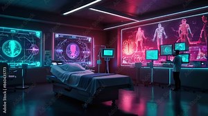 The video shows a futuristic hospital room with a patient bed, medical equipment, and a large screen displaying a patient's vital signs.