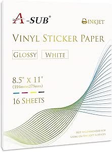 A-SUB Printable Vinyl Sticker Paper for Inkjet Printer, Glossy White 16 Sheets 8.5X11 In Waterproof Decal Paper for Making Custom Tumbler, Bumper, Laptop, Wall Decor Stickers