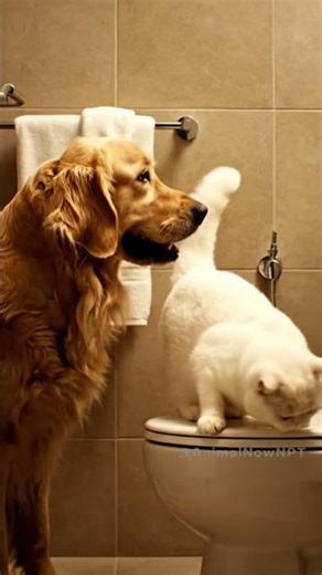 😂 Golden Retriever Teaches Two Cats How to Use the Toilet!