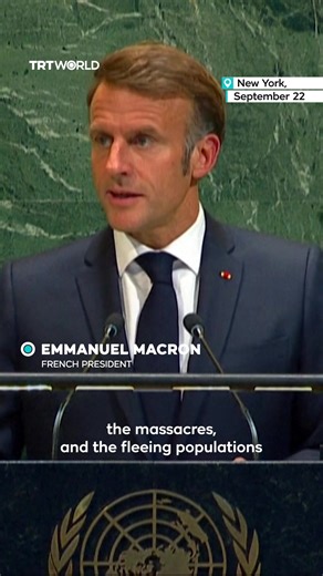 French President Emmanuel Macron, in a speech at the United Nations General Assembly where France officially recognised a Palestinian state, reiterated the need to end the war in Gaza, saying: 'The time for peace has come because we are moments away from no longer being able to grasp it.’ | TRT World