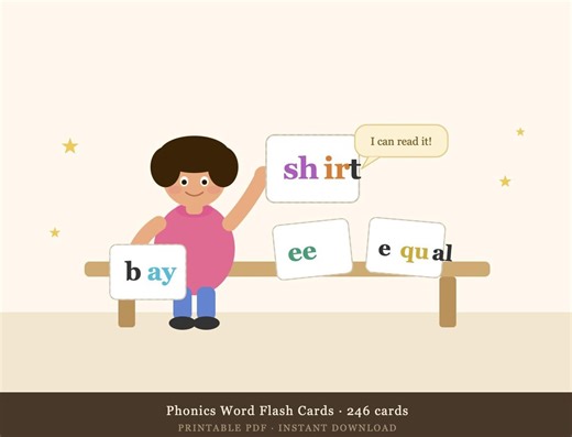 Phonics Word Flash Cards | Kindergarten Reading Practice | Color-coded Sounds (PDF Download) - Etsy