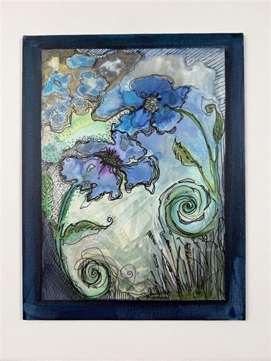 Floating Flower Garden in Blue, Watercolor Painting by Penelope Despos, 7"x9" Canvas Board, One of a Kind Artwork - Etsy