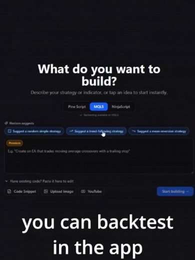 Using AI to Backtest MetaTrader 5 EAs [FREE] AI MT5 #trading #smctrading #crypto #smc Get HorizonAI For Free (no card details needed) Code trading indicators WITHOUT knowing how to code 🤯 HorizonAI writes the code, compiles it instantly, and shows it live on your chart. Then I just ask it to add pivot highs and lows — done. It's like ChatGPT for MetaTrader 5 / MT5 and TradingView. #pinescript #tradingview #supportandresistance #horizonai #maCross #TradingView #trading #mt5 #smctrading #AI #cryp