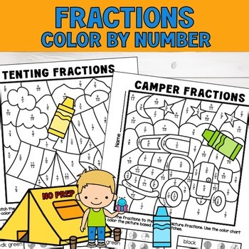 Camping Day Math Activities Fractions Color by Number Worksheets Grades 2-3