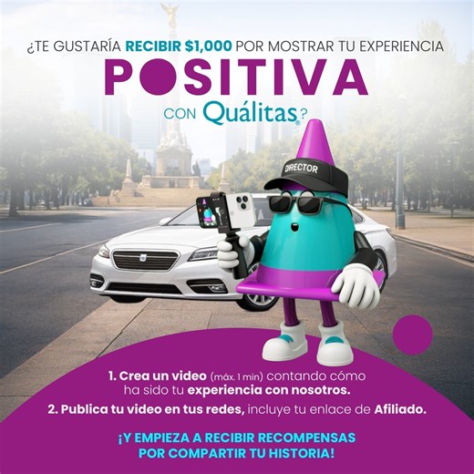 ¿Tu experiencia con Quálitas merece ser contada? 🚗💙 Comparte tu historia en un video auténtico, publícalo en tus redes sociales y forma parte del programa de Afiliados. Los videos que cumplan con los lineamientos pueden recibir hasta $1,000 pesos. 🎥✨ 👇 Regístrate aquí: https://bit.ly/4qiFDO6 #AseguramosAutosCuidamosPersonas #AfiliadosQuálitas | Quálitas Compañía de Seguros