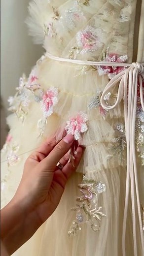 Pale Yellow Tiered Ruffle Tulle Gown | Custom Pink Floral Beaded Spaghetti Strap Bridal Dress