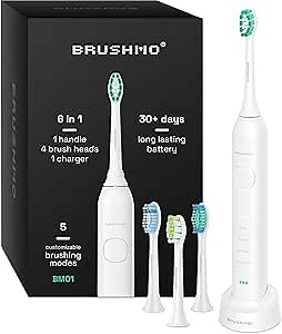 Brushmo Super Sonic Electric Toothbrush with 4 Replacement Heads - Rechargeable Electronic Tooth Brush for Adults with 5 Customizable Modes - IPX7 Waterproof & Long-Lasting Battery - White