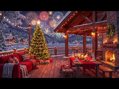 New Year Village Lights & Fireworks 🎇 Cozy Coffee Shop Porch Jazz for Calm Nights