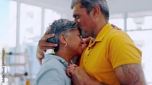 Dance, kiss and happy senior couple dancing, smile and enjoy quality bonding time together on romantic home date. Retirement love, music track and elderly man, woman or marriage people with affection