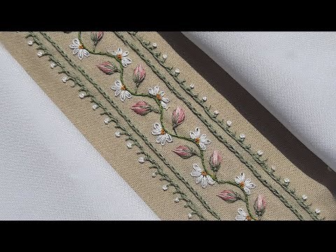 Floral border design of Rosebud and Lazy Daisy Border Embroidery