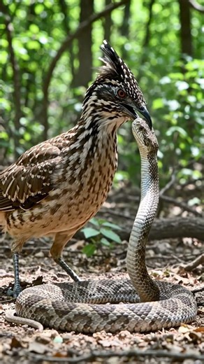 Rattle snake clamped by Roadrunner bird and Pecked the snake head with lightning speed at forest