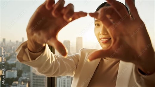 Professional business woman creating circular hand frame gesture symbolizing new beginning 2021 start vision focus success future perspective planning management corporate female leader.