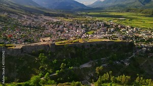 Albanian historic cultural building with Architecture Roof of an old tiled house. Balkan medieval city which is a UNESCO world heritage.