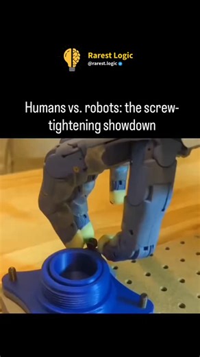 Rarest Logic | Educational 🧠 on Instagram: "Robotic hands tighten screws faster than humans—not just because they’re machines, but because their control systems run thousands of times per second. Electric actuators start and stop instantly, while sensors embedded in each fingertip measure force and contact in real time. Vision systems guide the hand in 3D space, correcting tiny misalignments before they become errors. The result? Perfect torque, every single time, with zero over-tightening or s
