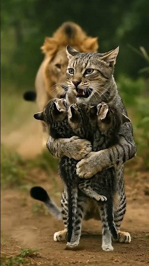 A mother cat protects her kitten from a lion defense #cats #wildlife #nature