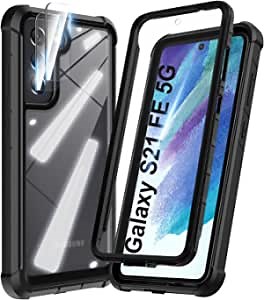 HATOSHI for Samsung Galaxy S21 FE 5G Case with Built in Screen Protector, Full-Body Military-Grade Shockproof Protective Phone Case with 2 Pack Camera Lens Protector for Samsung Galaxy S21 FE Black