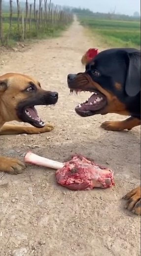 Two Dogs Fight Over Meat… Until a Surprise Happens 😂🐔