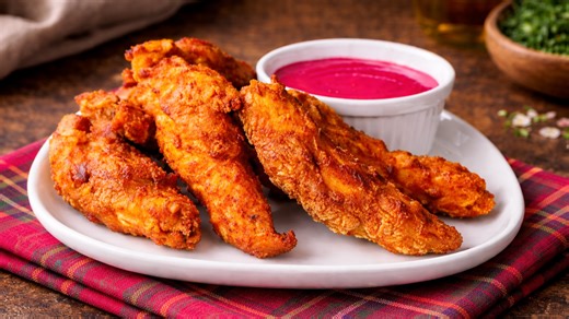 Scottish-style chicken pakora with pink dipping sauce