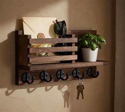 Rustic Wooden Key Holder Wall Shelf Farmhouse Entryway Organizer With Hooks - Etsy