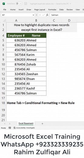 12K views · 66 reactions | How to Highlight Duplicate Values Except First Instance in #Excel? | Home Tab > Conditional Formatting > New Rule > =COUNTIF($A$5:$A5,$A5)>1 | Excel Basement | Facebook